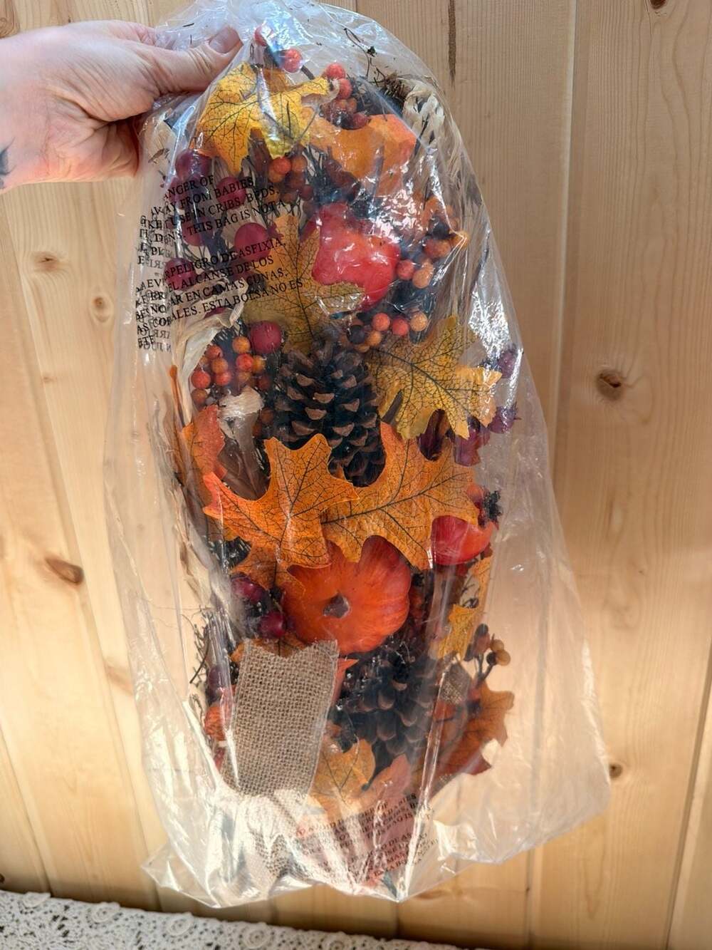 Autumn Fall Hanging Decor with Lights Harvest Lighted Swag Pinecones & Pumpkins